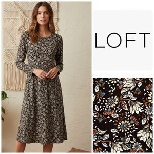 LOFT Midi Women's Black Floral Long Sleeve Dress with side slits